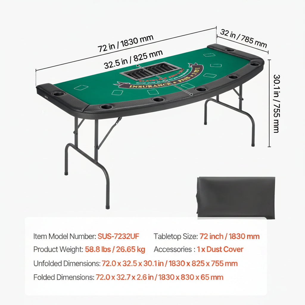 Foldable Poker Table, 7 Player 72 in Folding Casino Leisure Table with Padded Rails & Cup Holders, Semi-Oval Portable Game Tables with Felt & Metal Legs, for Texas Holdeem Game and Blackjack