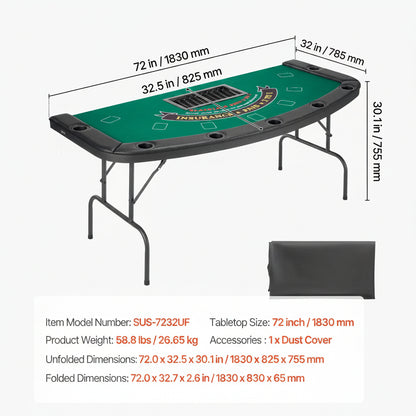 Foldable Poker Table, 7 Player 72 in Folding Casino Leisure Table with Padded Rails & Cup Holders, Semi-Oval Portable Game Tables with Felt & Metal Legs, for Texas Holdeem Game and Blackjack