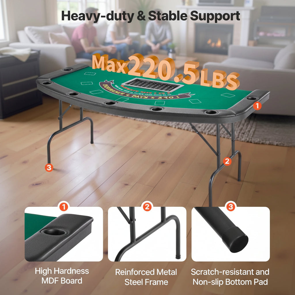 Foldable Poker Table, 7 Player 72 in Folding Casino Leisure Table with Padded Rails & Cup Holders, Semi-Oval Portable Game Tables with Felt & Metal Legs, for Texas Holdeem Game and Blackjack