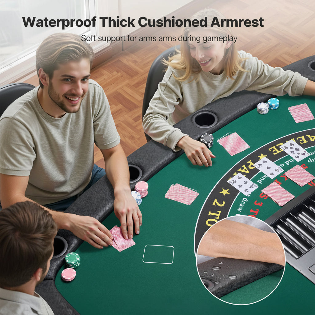 Foldable Poker Table, 7 Player 72 in Folding Casino Leisure Table with Padded Rails & Cup Holders, Semi-Oval Portable Game Tables with Felt & Metal Legs, for Texas Holdeem Game and Blackjack