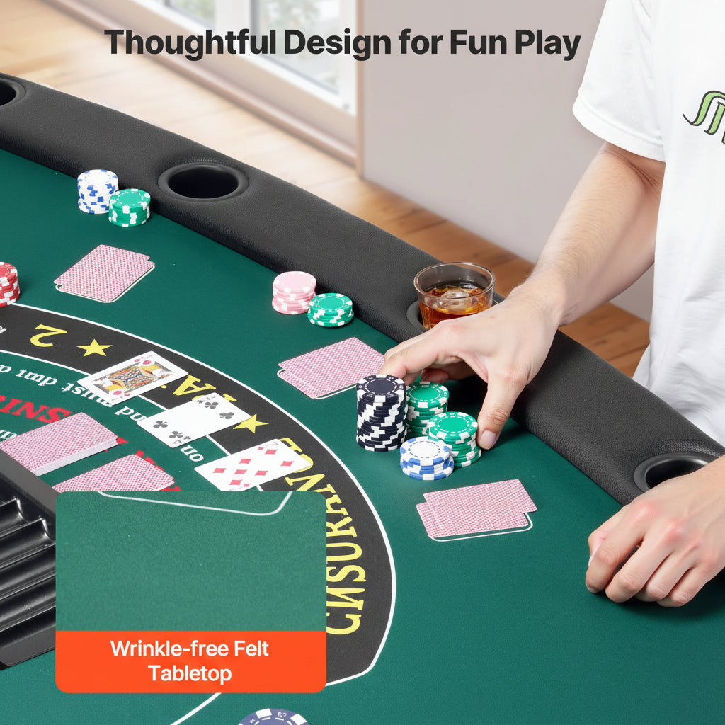 Foldable Poker Table, 7 Player 72 in Folding Casino Leisure Table with Padded Rails & Cup Holders, Semi-Oval Portable Game Tables with Felt & Metal Legs, for Texas Holdeem Game and Blackjack