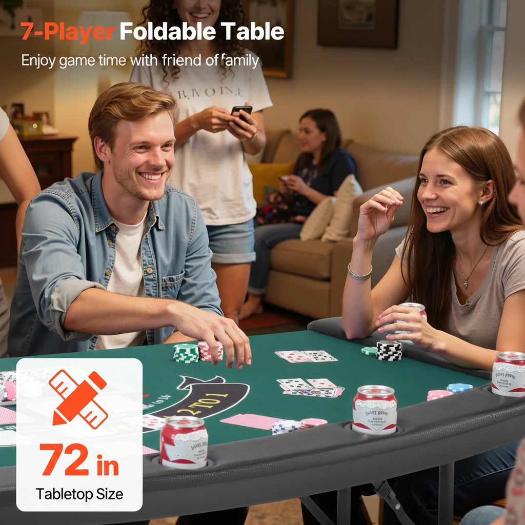 Foldable Poker Table, 7 Player 72 in Folding Casino Leisure Table with Padded Rails & Cup Holders, Semi-Oval Portable Game Tables with Felt & Metal Legs, for Texas Holdeem Game and Blackjack