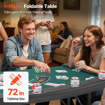 Foldable Poker Table, 7 Player 72 in Folding Casino Leisure Table with Padded Rails & Cup Holders, Semi-Oval Portable Game Tables with Felt & Metal Legs, for Texas Holdeem Game and Blackjack