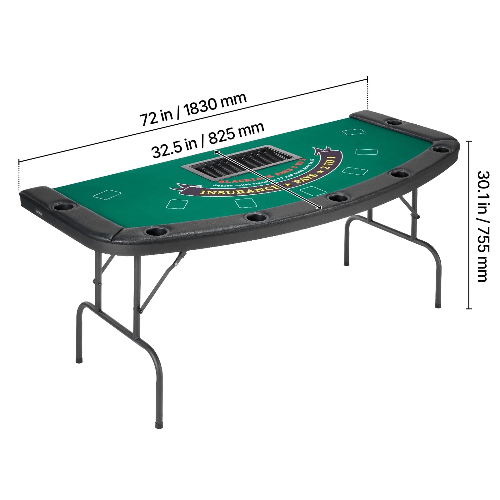 Foldable Poker Table, 7 Player 72 in Folding Casino Leisure Table with Padded Rails & Cup Holders, Semi-Oval Portable Game Tables with Felt & Metal Legs, for Texas Holdeem Game and Blackjack