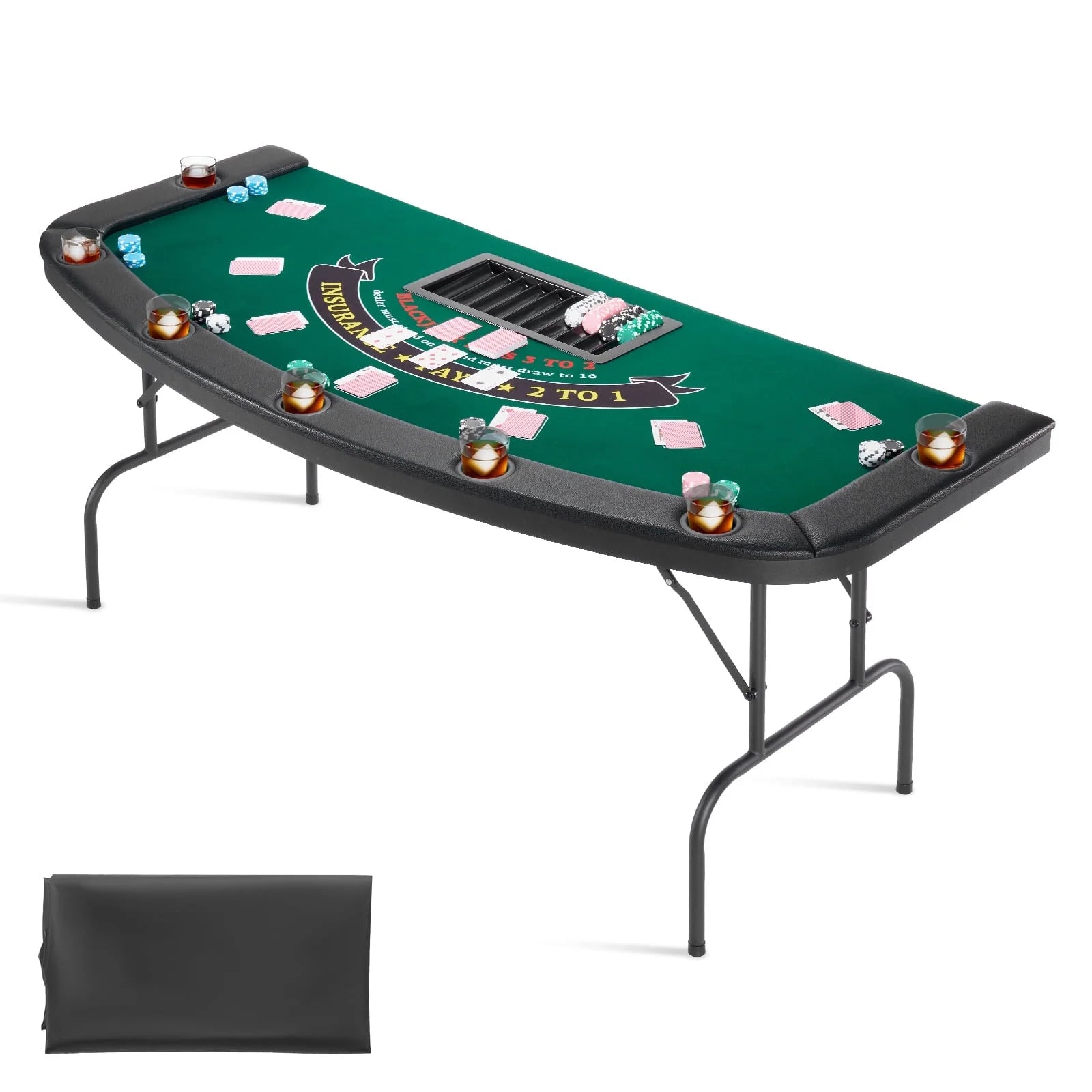 Foldable Poker Table, 7 Player 72 in Folding Casino Leisure Table with Padded Rails & Cup Holders, Semi-Oval Portable Game Tables with Felt & Metal Legs, for Texas Holdeem Game and Blackjack